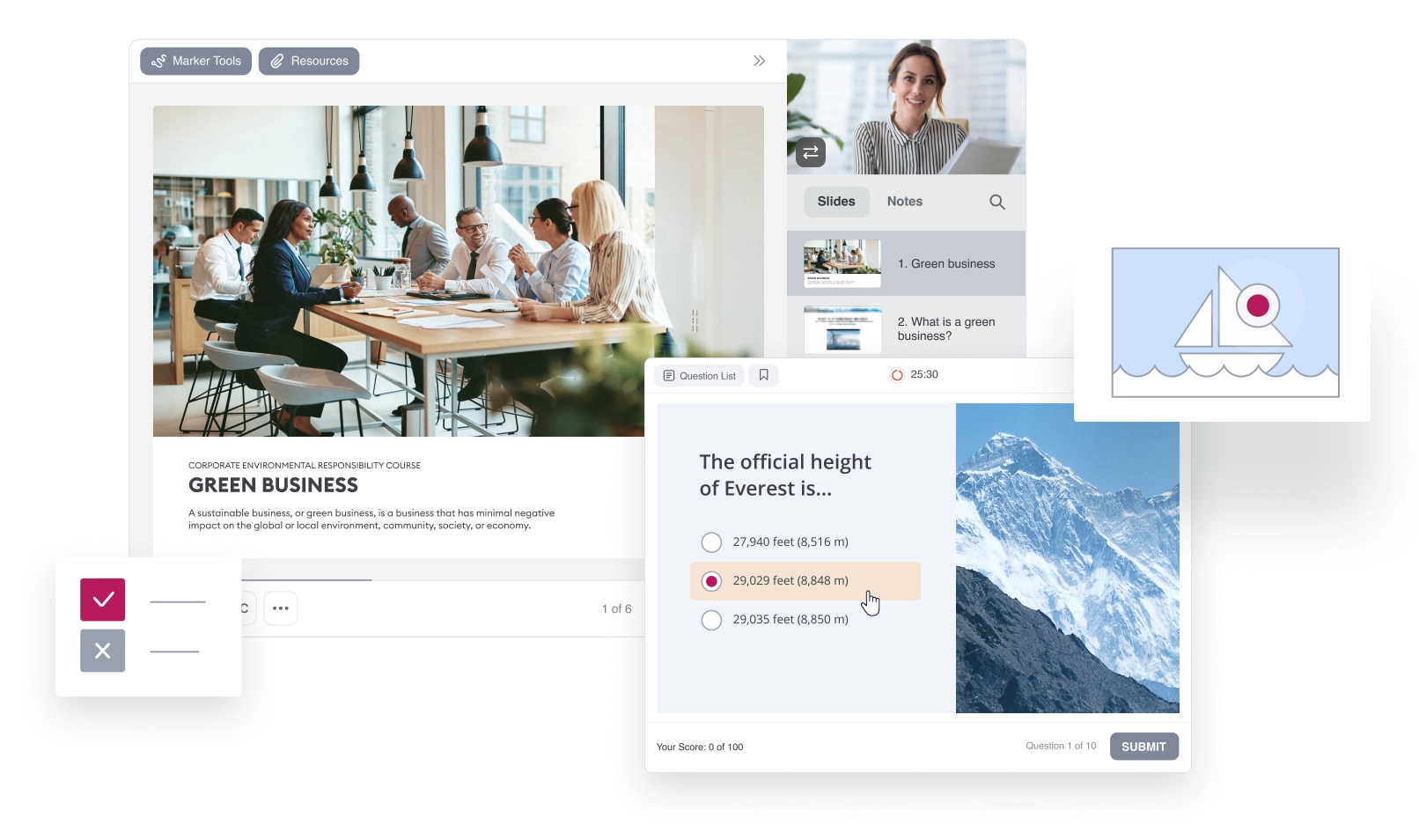 iSpring Suite course authoring, quiz builder, and video lecture interfaces