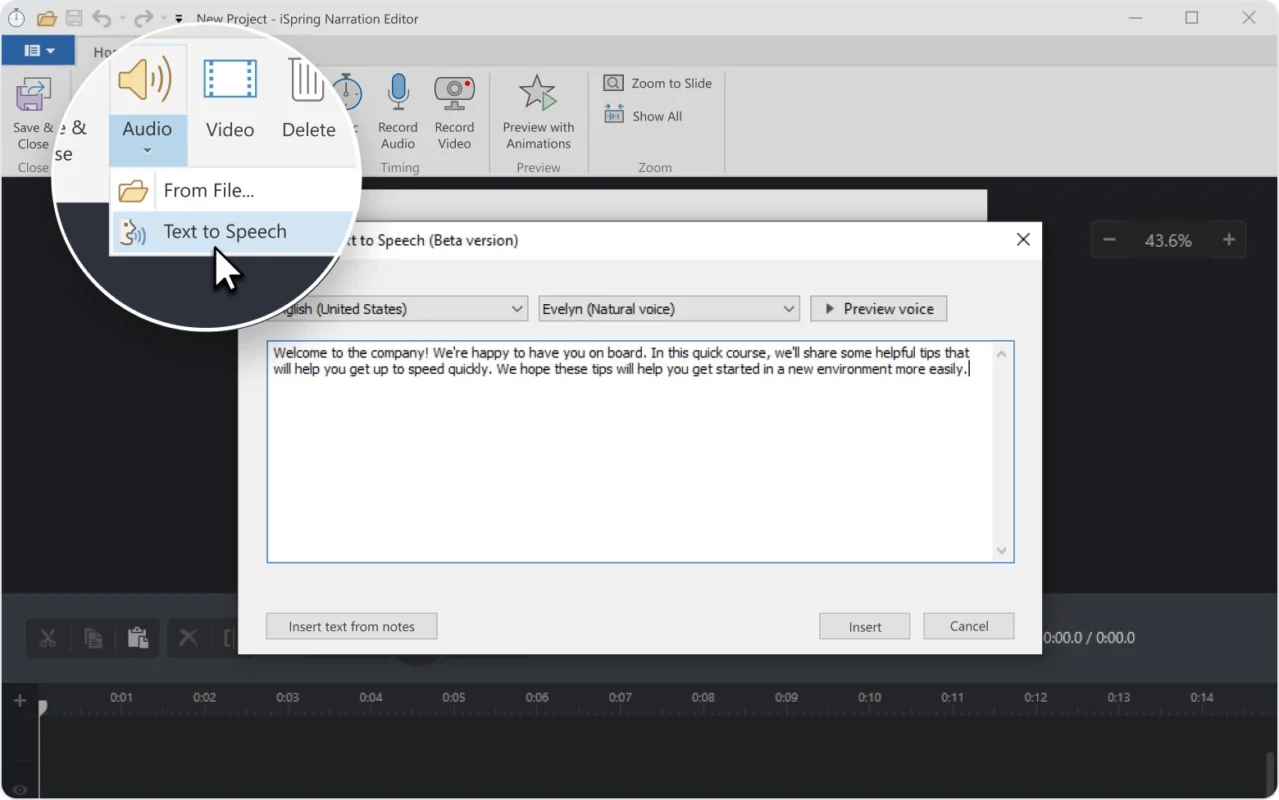 Select the language, speaker, and type of voice for your narration