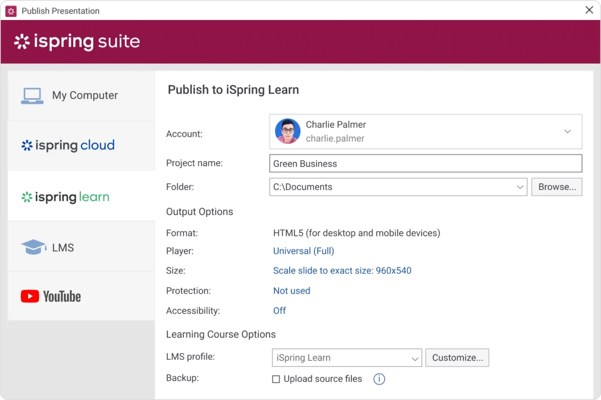 Publish courses straight to the iSpring Learn LMS with a single click