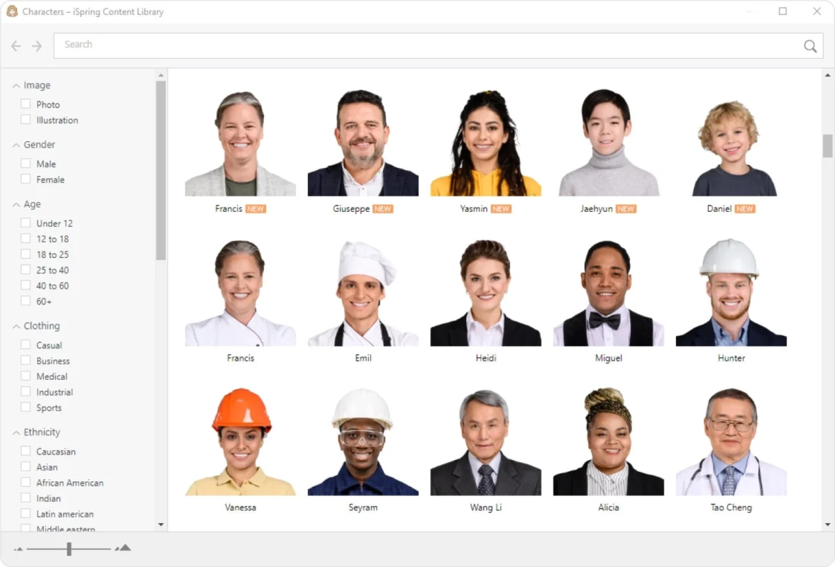 You can choose from 200+ characters in the content library with a variety of expressions and poses
