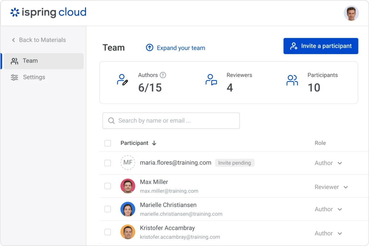You can create courses in iSpring Cloud to be able to let your team work on their part