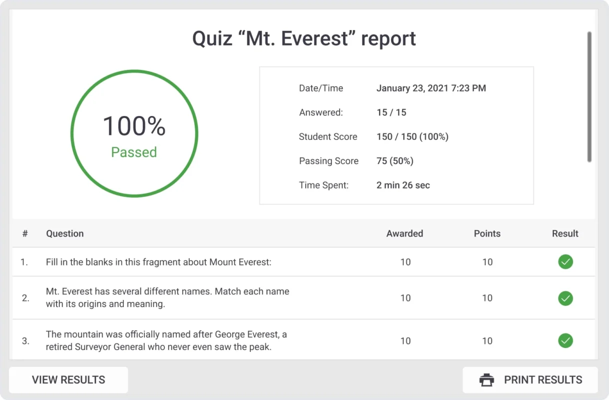Once the quiz is complete, a detailed quiz report is available for view