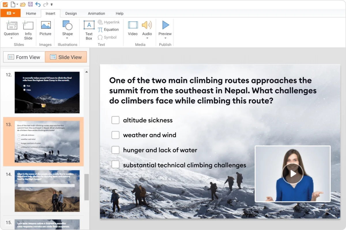 Enhance your slides by adding audio, images, videos, equations, and hyperlinks