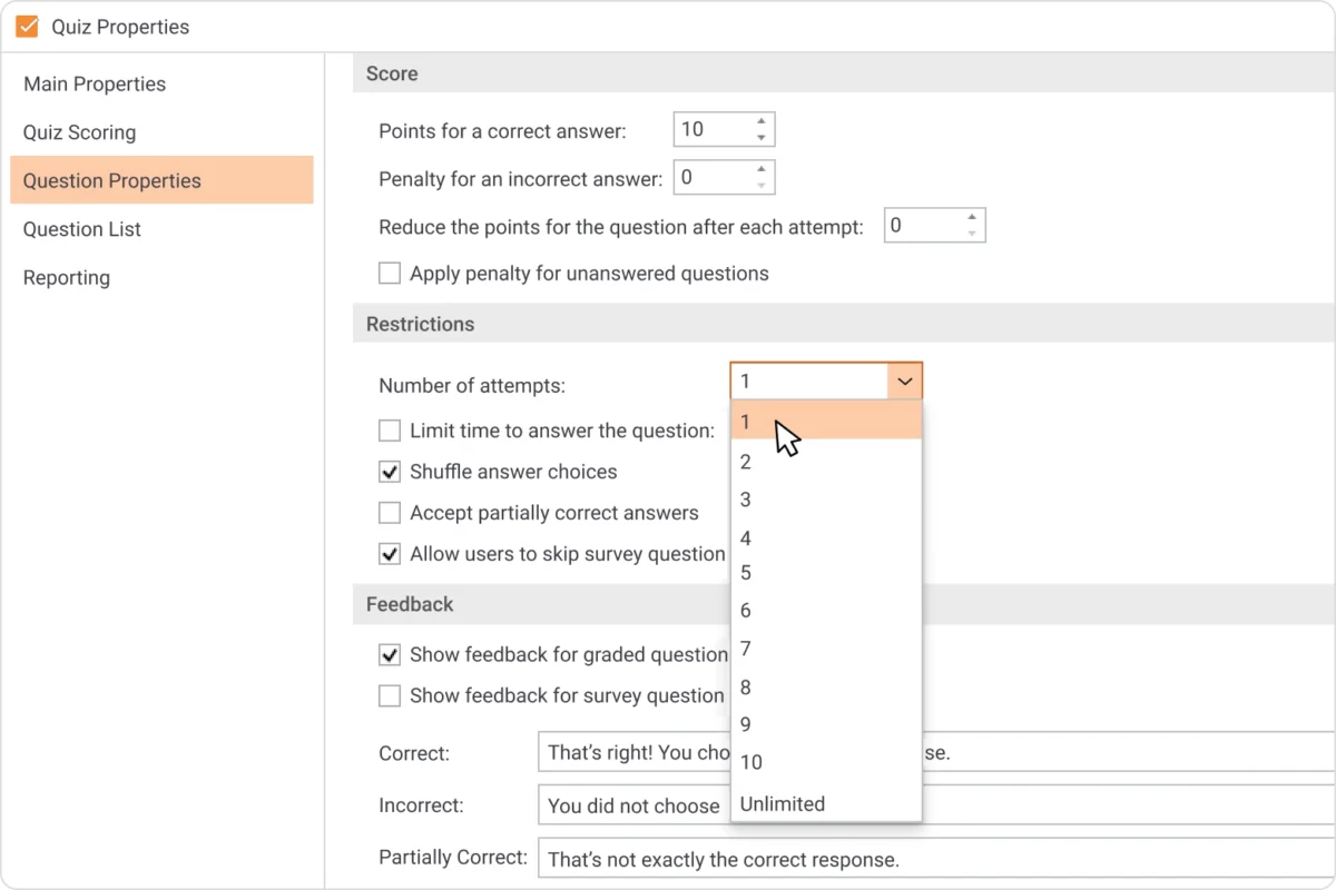 Set a time limit for the quiz and number of attempts