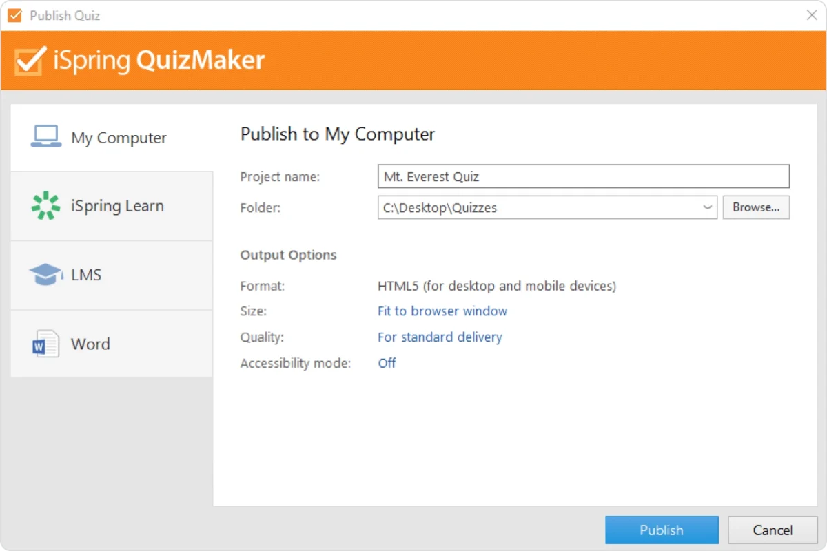 Publish your quiz in HTML5 format to be available online