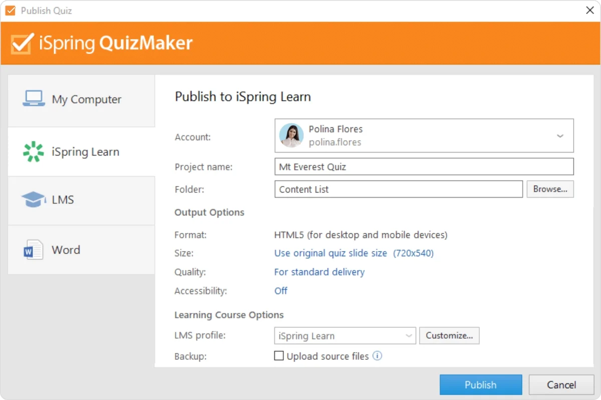 Publish your quiz directly onto iSpring LMS