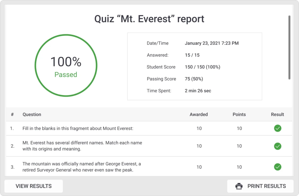 Full review of quiz results